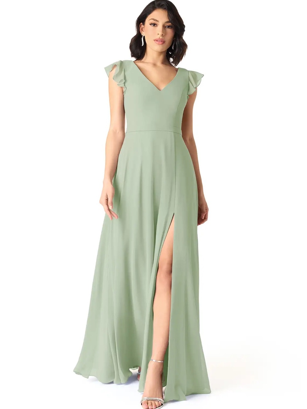 Azazie Sage Green V-Neck Maxi Dress with Flutter Sleeves Kendal x Kyle Co. NWT